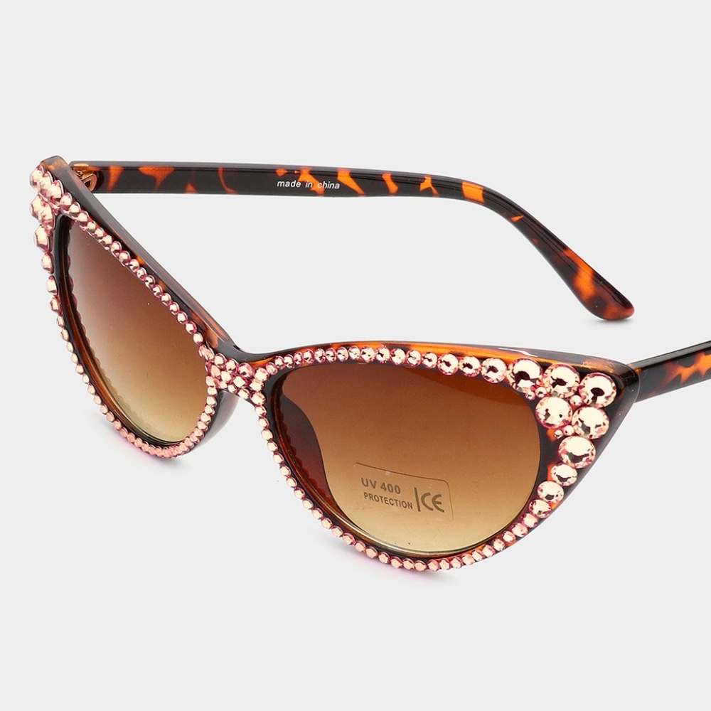 Peach Cat Eye Rhinestone Sun Glasses Shades Animal Bling Style Brown